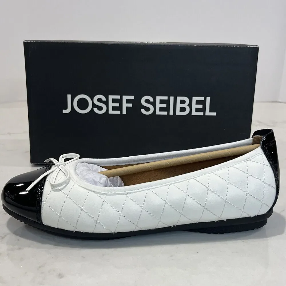 Josef‎ Seibel Pippa White Black Quilted Cap Toe Leather Ballet Flats EU 37 6-6.5